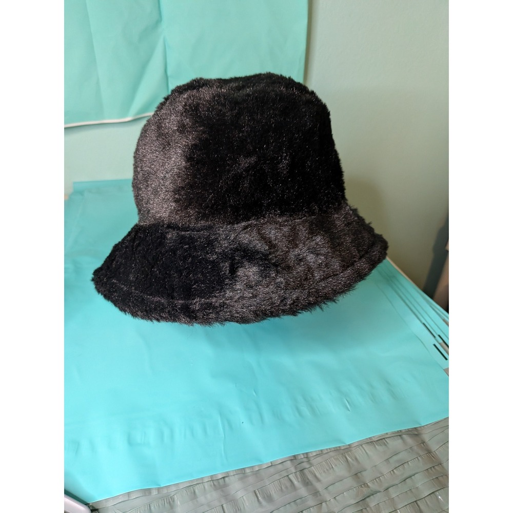 Black Faux Fur Bucket Hat Soft Plush Winter Fuzzy Cloche Adjustable Drawstring